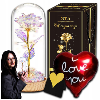 Kvetinová ozdoba - VEČNÁ RUŽA V SKLE ŽIARENÁ LED DARČEK VALENTÍN DEN ŽENY 3D BABIČKY